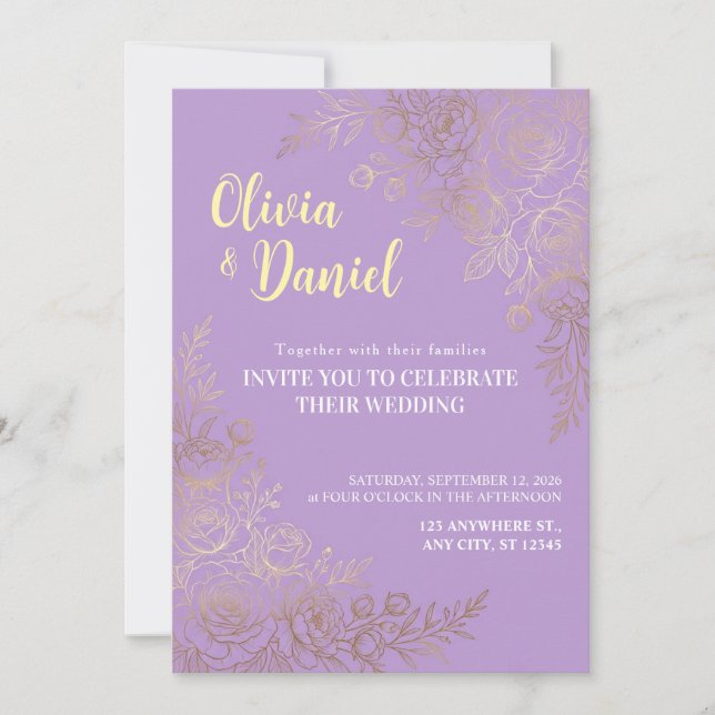 Lavender Gold Floral Wedding Invitation (Front)