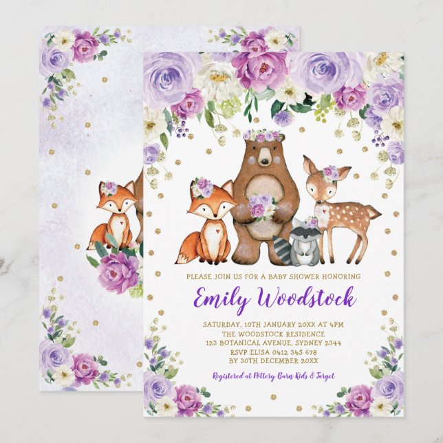 Lavender Gold Floral Woodland Animals Baby Shower Invitation (Front/Back)