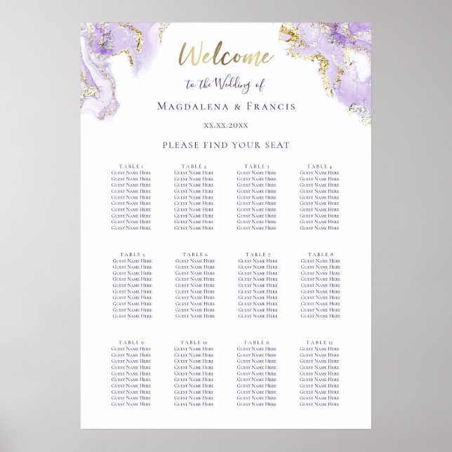 lavender gold fluid marble wedding seating chart (Front)