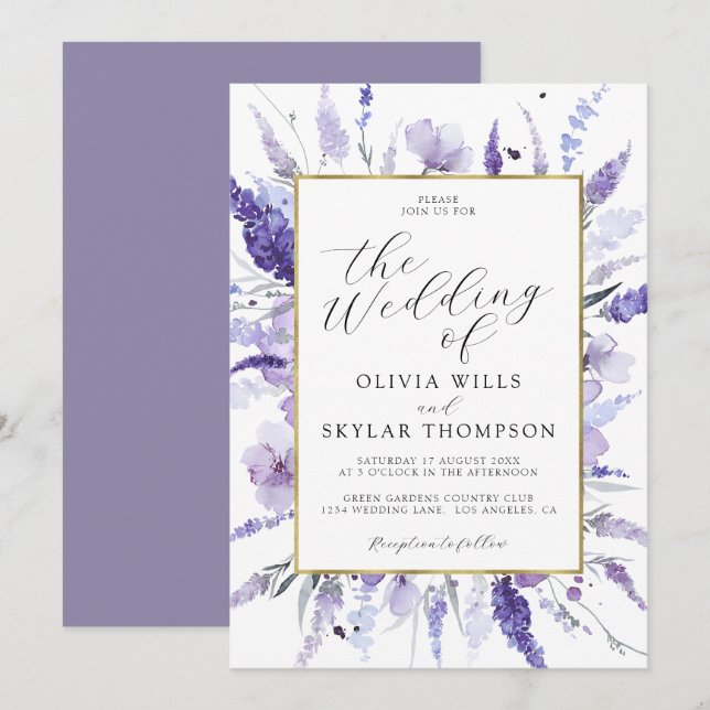 Lavender Gold Frame Floral Violet Lilac Wedding  Invitation (Front/Back)