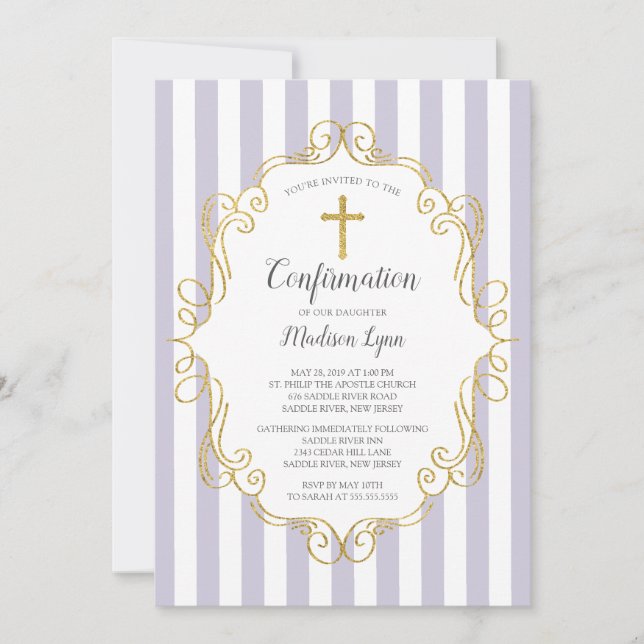 Lavender & Gold Frame Girls Confirmation Invitation (Front)