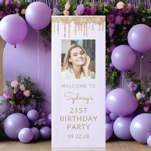 Lavender Gold Glitter Drip Photo 21st Birthday Retractable Banner