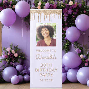 Lavender Gold Glitter Drip Photo 30th Birthday Retractable Banner