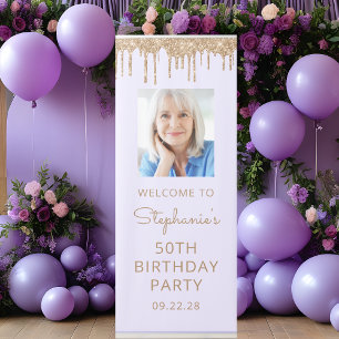 Lavender Gold Glitter Drip Photo 50th Birthday Retractable Banner