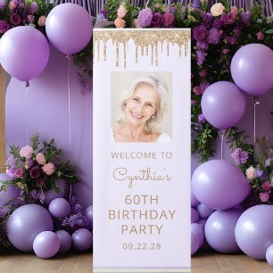 Lavender Gold Glitter Drip Photo 60th Birthday Retractable Banner