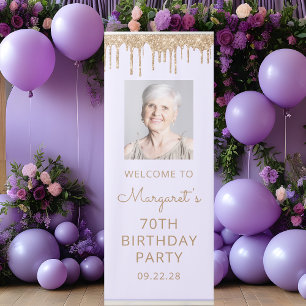 Lavender Gold Glitter Drip Photo 70th Birthday Retractable Banner