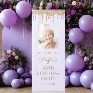Lavender Gold Glitter Drip Photo 80th Birthday Retractable Banner