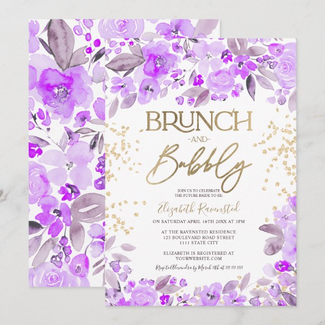Lavender gold glitter floral chic bridal shower invitation (Front/Back)