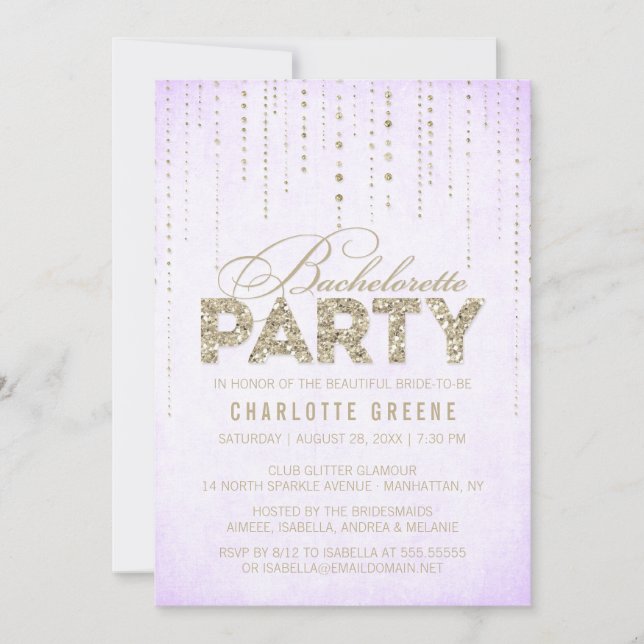 Lavender & Gold Glitter Look Bachelorette Party Invitation (Front)