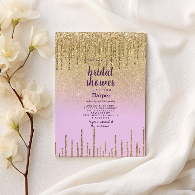 Lavender gold glitter ombre drip Bridal Shower Invitation (Lavender gold glitter ombre drip Bridal Shower)