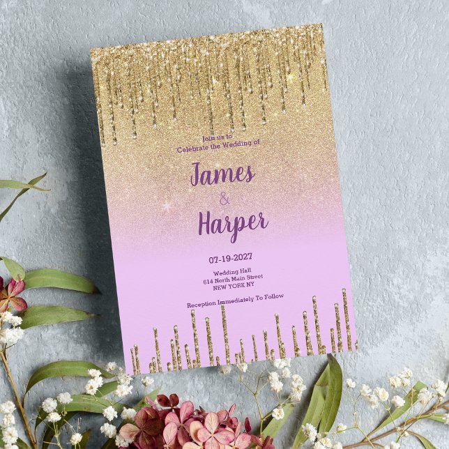 Lavender gold glitter ombre drips luxury Wedding  Invitation (Lavender gold glitter ombre drips luxury Wedding)