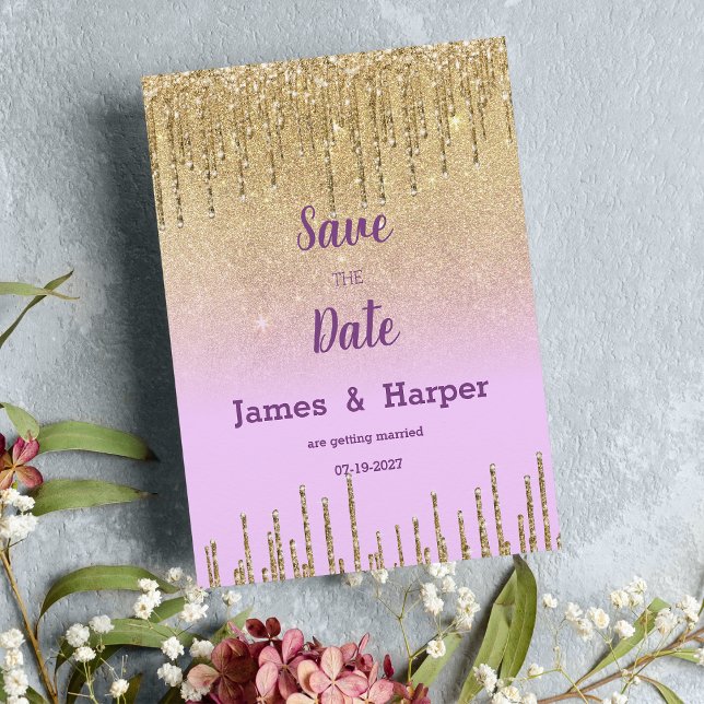 Lavender gold glitter ombre drips Save the Date Invitation (Lavender gold glitter ombre drip glam Save the Date)