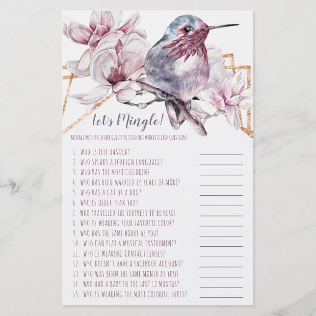 Lavender & Gold Hummingbird Let's Mingle Game (Front)