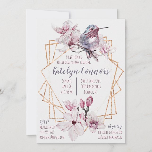 Lavender & Gold Hummingbird Themed Bridal Shower Invitation (Front)