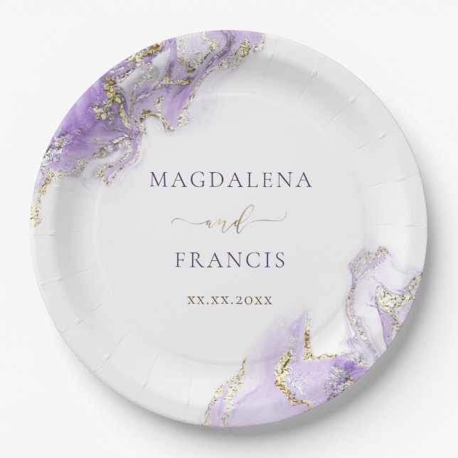 lavender gold ink marble wedding paper plate (Front)