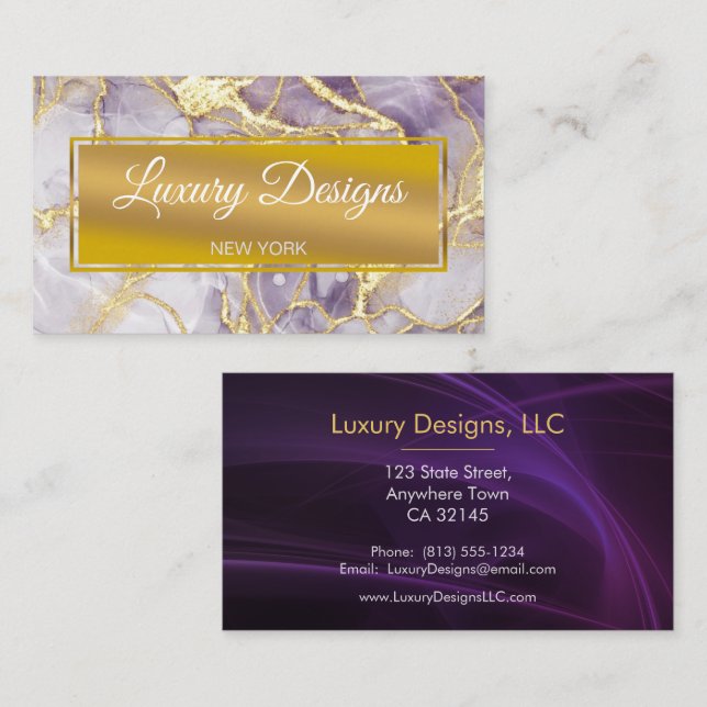 Lavender Gold Marble Background Watercolor Business Card (Front/Back)