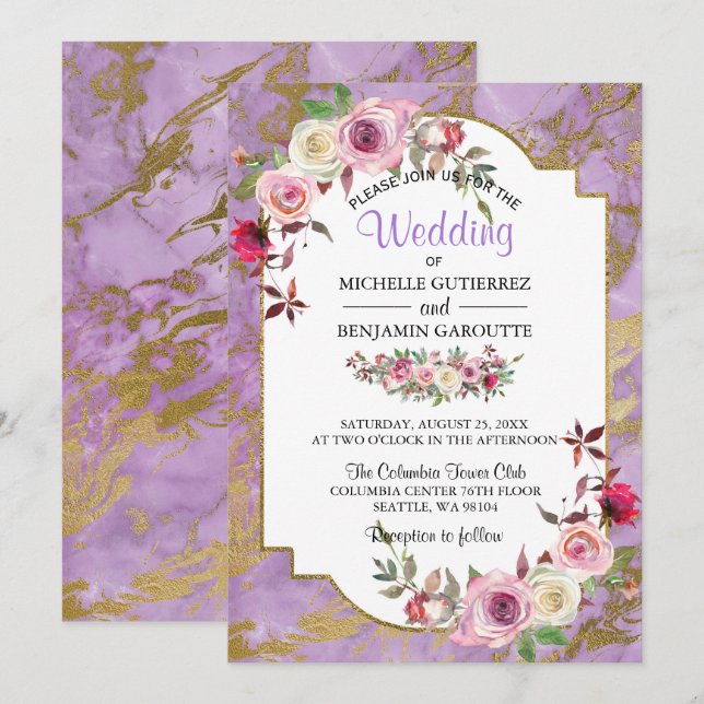 Lavender Gold Marble Floral Wedding Invitation (Front/Back)