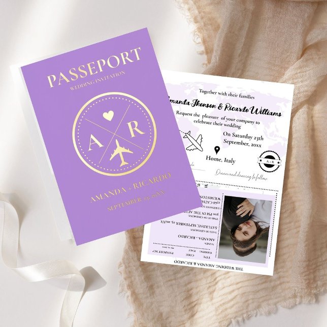 Lavender & Gold Passport  Wedding Invitation (Creator Uploaded)