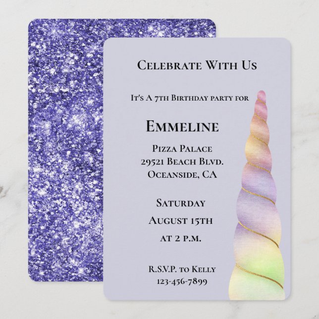 Lavender Gold Pink Purple Lime Unicorn Birthday  Invitation (Front/Back)