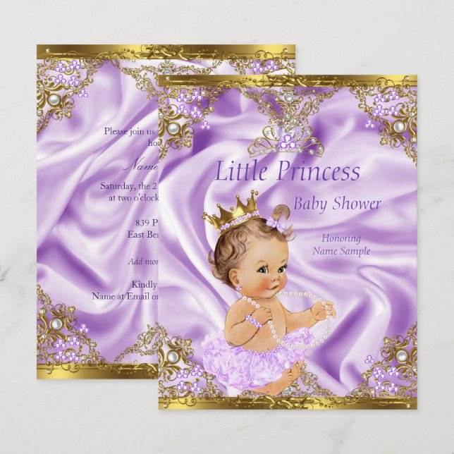 Lavender Gold Princess Baby Shower Brunette Girl Invitation (Front/Back)