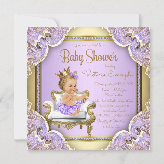 Lavender Gold Princess Baby Shower Invitations (Front)