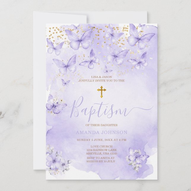 Lavender Gold Purple Butterfly Baptism Invitation (Front)