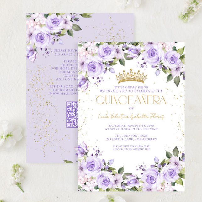 Lavender Gold Quinceañera Mis Quince 15 Años QR Invitation (Creator Uploaded)