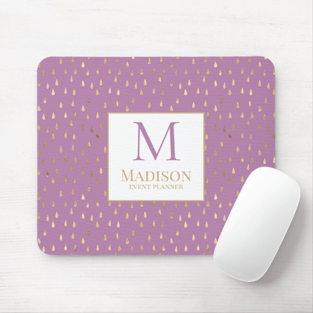 Lavender Gold Raindrop Modern Trendy Monogram Mouse Mat (With Mouse)