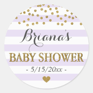 Lavender Gold Stripe Confetti Baby Girl Shower Classic Round Sticker