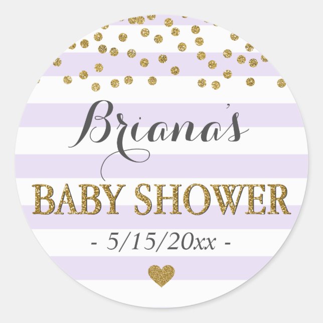 Lavender Gold Stripe Confetti Baby Girl Shower Classic Round Sticker (Front)