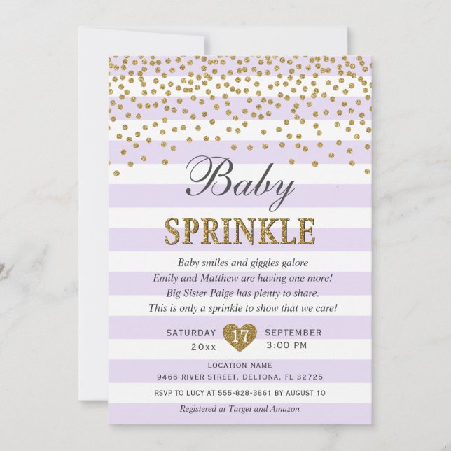 Lavender Gold Stripe Confetti Baby Girl Sprinkle Invitation (Front)
