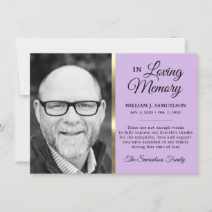 Lavender Gold Sympathy Funeral Memory Photo  Thank You Card