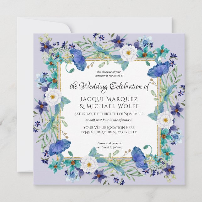 Lavender Gold Watercolor Poppy Floral Wedding Invitation (Front)