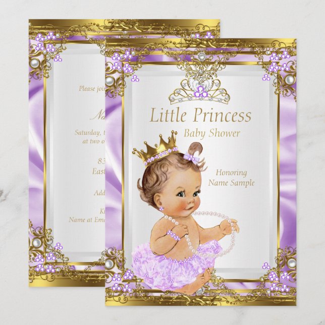 Lavender Gold White Princess Baby Shower Brunette Invitation (Front/Back)