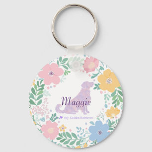 Lavender Golden Retriever Silhouette Wreath Photo Key Ring