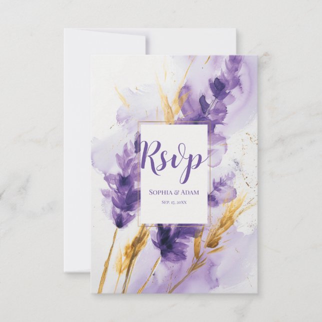 Lavender Golden Watercolor Floral RSVP Card (Front)