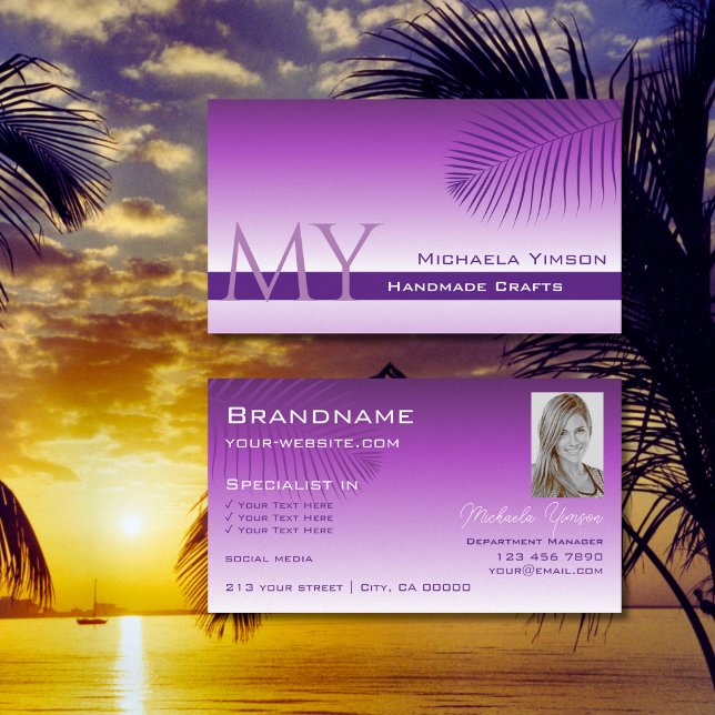 Lavender Gradient Palm Leaf Monogram and Photo Business Card (Creator Uploaded)
