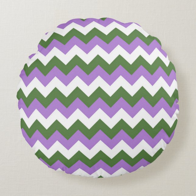 Lavender, Green and White Chevron Zigzag Round Cushion (Front)