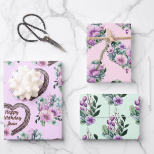Lavender & Green Floral Hearts Personalise Name Wrapping Paper Sheet