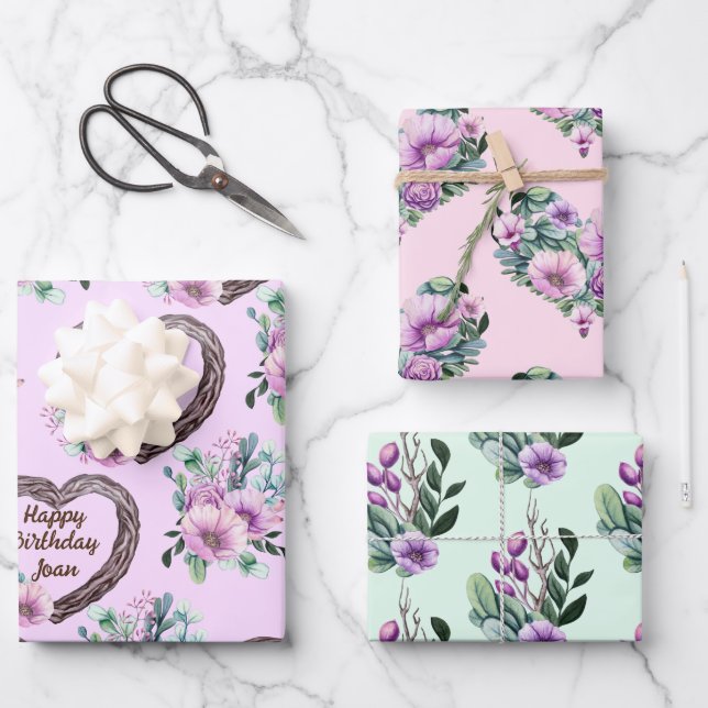 Lavender & Green Floral Hearts Personalise Name Wrapping Paper Sheet (Front)