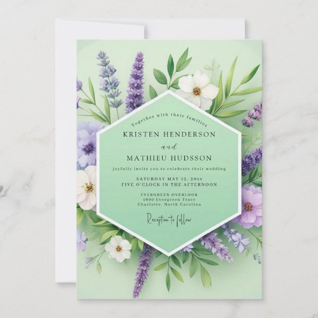 Lavender Green Floral Whimsy Wedding Invitation (Front)