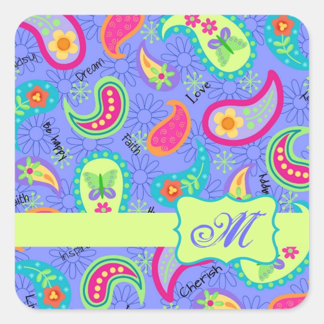 Lavender Green Modern Paisley Pattern Monogram Square Sticker (Front)