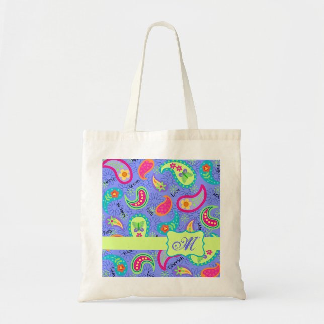 Lavender Green Modern Paisley Pattern Monogram Tote Bag (Front)