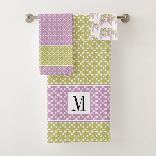 Lavender, green pattern wisteria flowers towel set (Insitu)