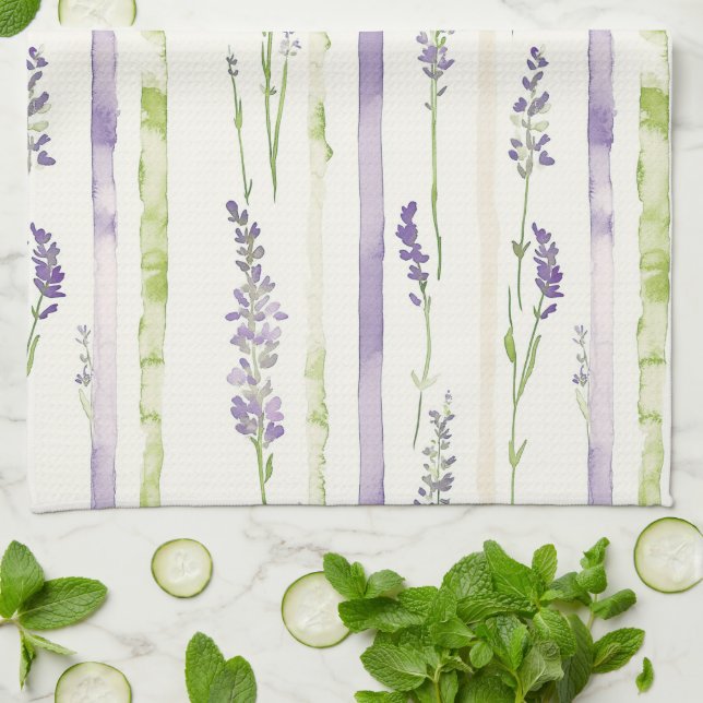Lavender Green Stripes Floral   Tea Towel (Folded)