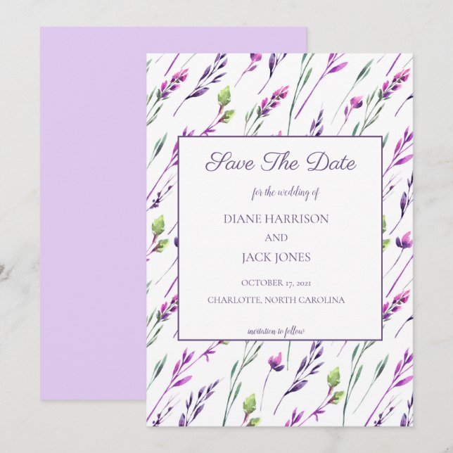 Lavender & Green Watercolor Save the Date Wedding Invitation (Front/Back)