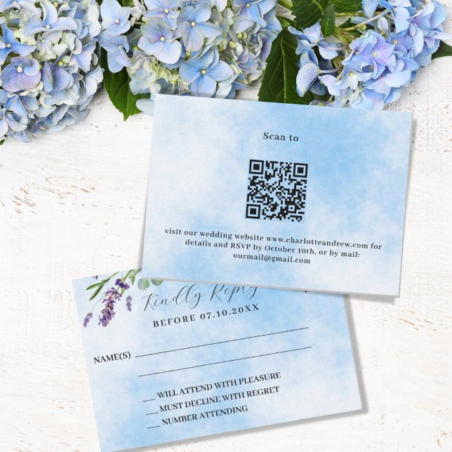 Lavender greenery blue QR wedding response RSVP Card (Creator Uploaded)