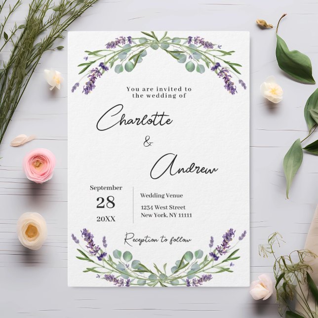 Lavender greenery florals script luxury wedding invitation (Creator Uploaded)