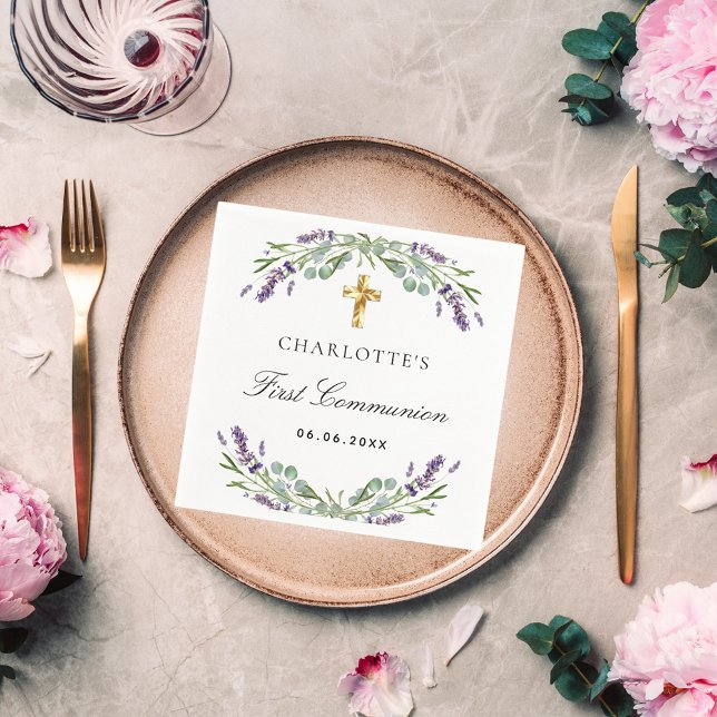 Lavender greenery violet florals First Communion Napkin (Creator Uploaded)