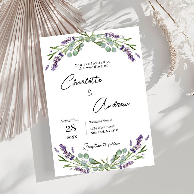 Lavender greenery violet florals script wedding invitation (Creator Uploaded)